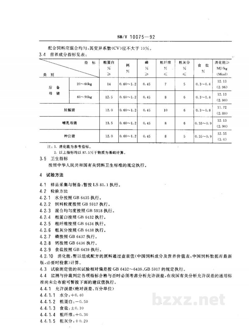 SB/T 10075-1992后备母猪、妊娠猪、哺乳母猪、种公猪配合饲料（LS/T3401-1992）