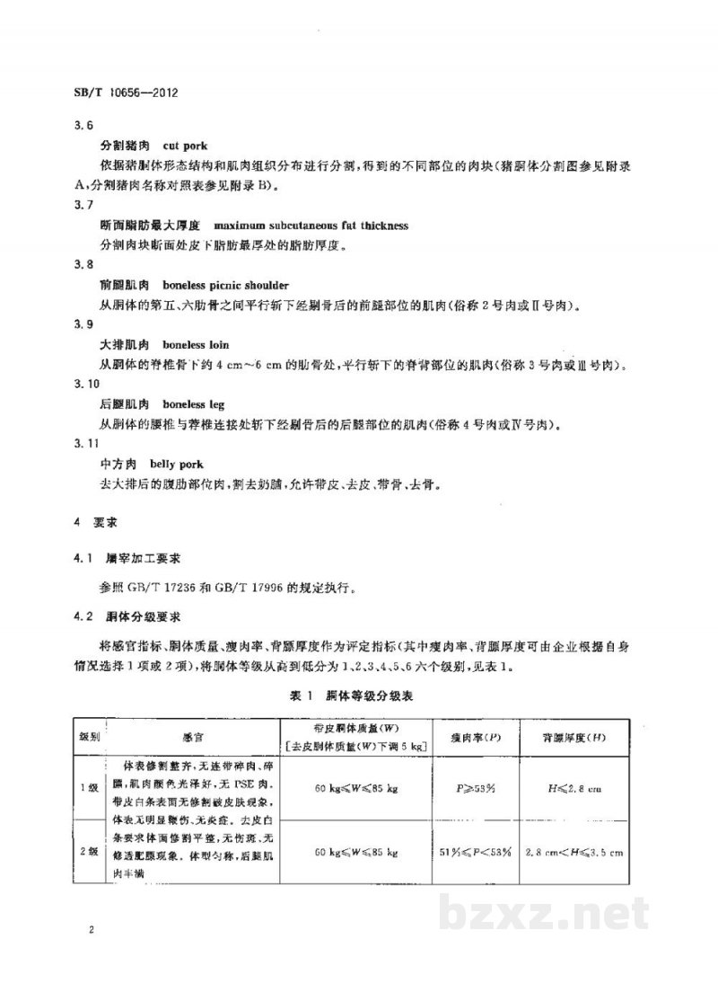 SB/T 10656-2012猪肉分级