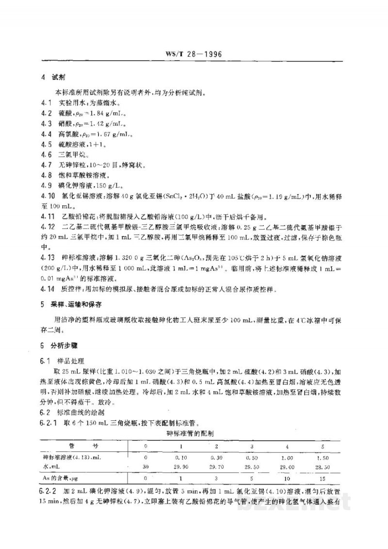 WS/T 28-1996尿中砷的二乙基二硫代氨基甲酸银-三乙醇胺分光光度测定方法