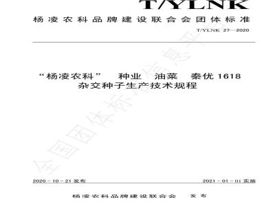 T/YLNK 27-2020“杨凌农科”  种业  油菜  秦优1618  杂交种子生产技术规程