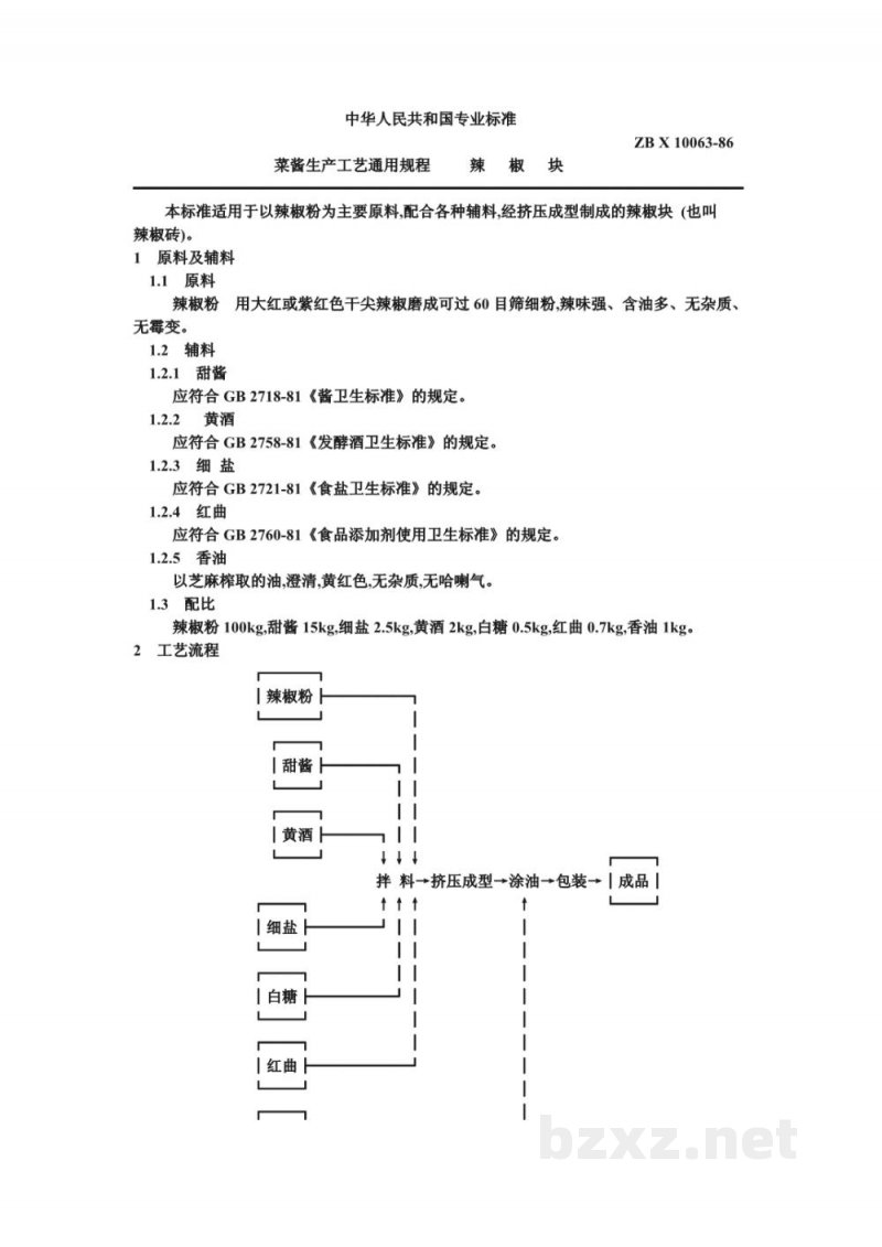 ZB X 10063-86菜酱生产工艺通用规程 辣椒块