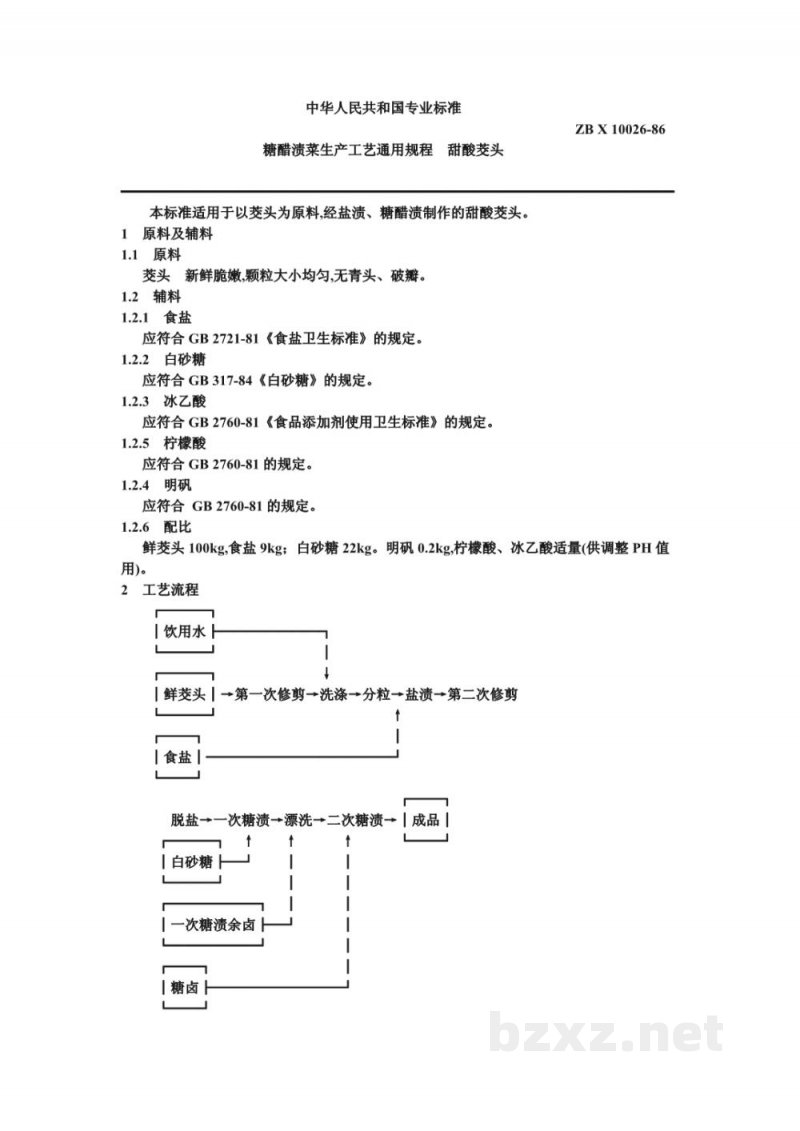 ZB X 10026-86糖醋渍菜生产工艺通用规程 甜酸茭头