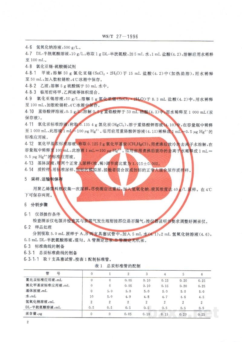 WS/T 27-1996尿中有机(甲基)汞、无机汞和总汞的分别测定方法　选择性还原-冷原子吸收光谱法
