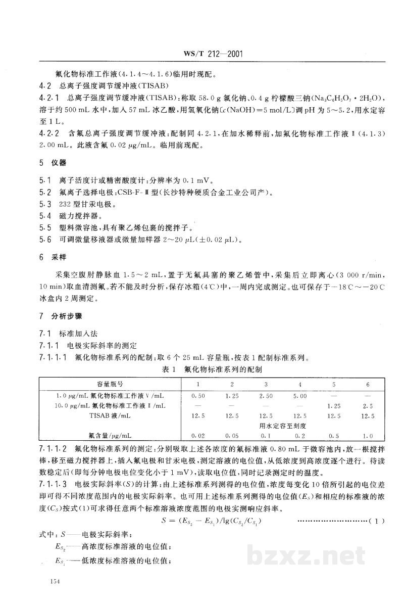 WS/T 212-2001血清中氟化物的测定　离子选择电极法