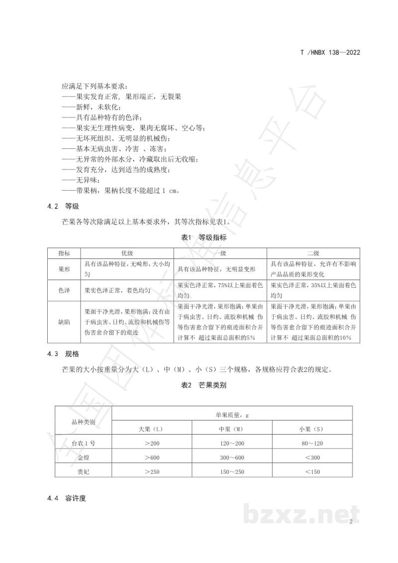 T/HNBX 138-2022陵水芒果 等级规格