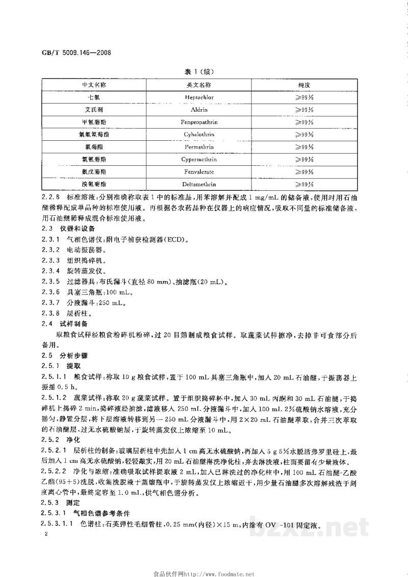 GB/T 5009.146-2008植物性食品中有机氯和拟除虫菊酯类农药多种残留量的测定