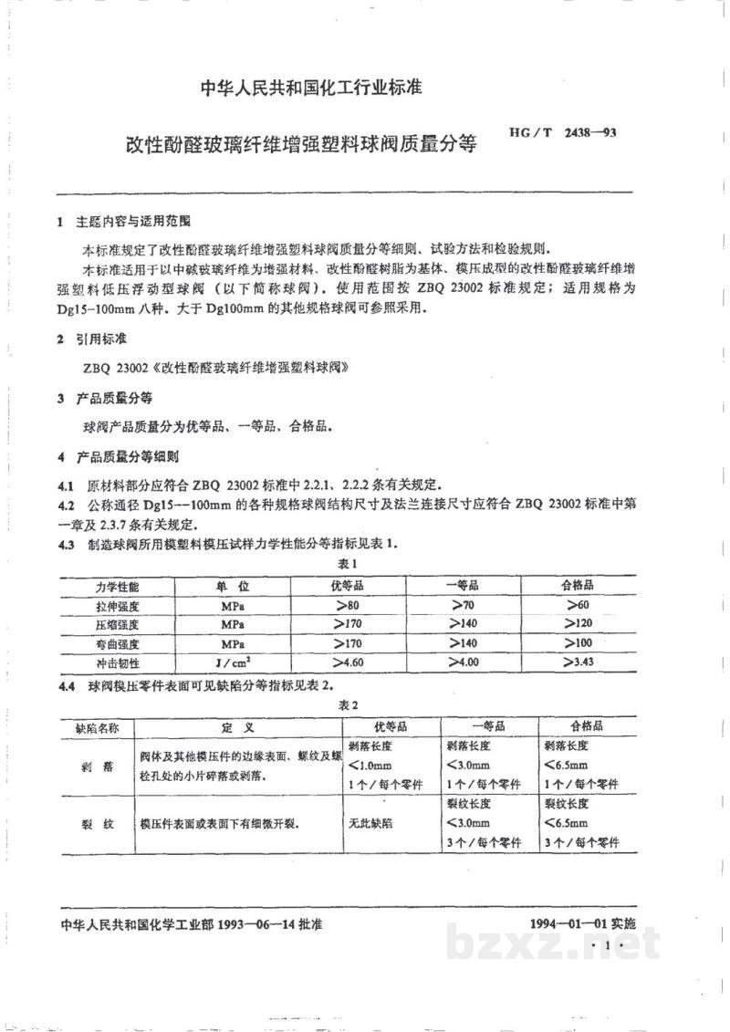 HG/T 2438-1993改性酚醛玻璃纤维增强塑料球阀质量分等