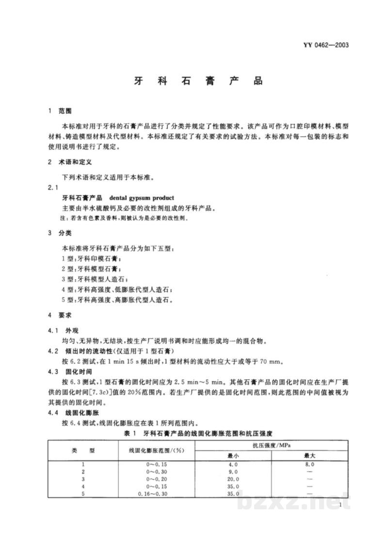 YY 0462-2003牙科石膏产品