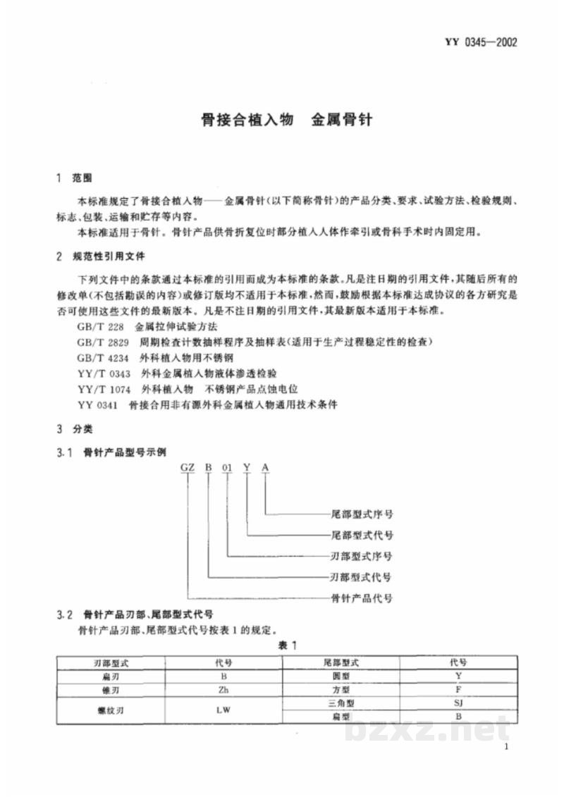 YY 0345-2002骨接合植入物  金属骨针