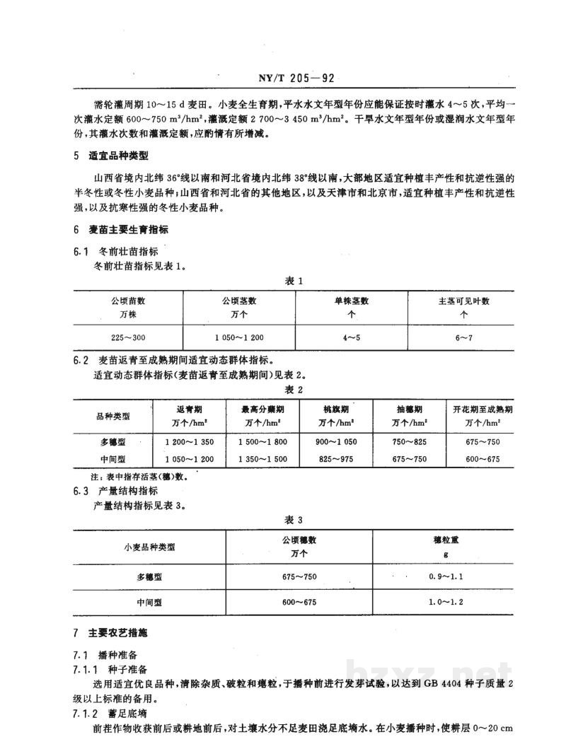 NY/T 205-1992华北地区冬小麦公顷产A 6000 kg(亩产400kg)栽培技术规程