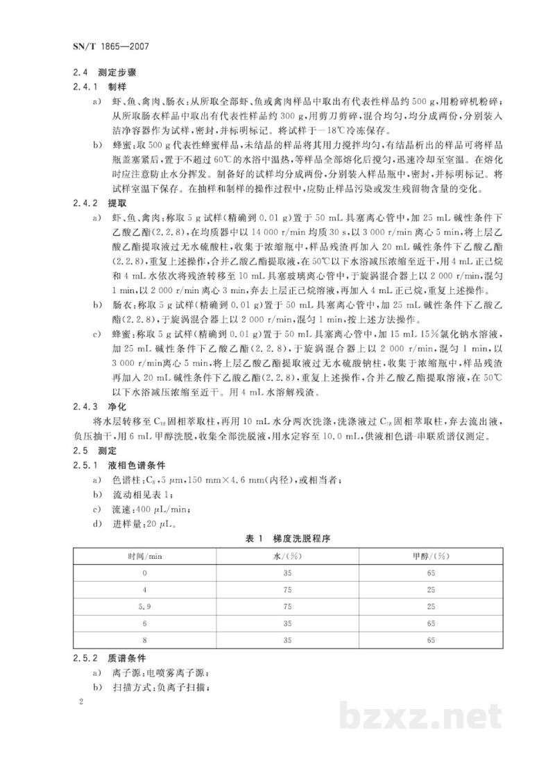 SN/T 1865-2007进出口动物源食品中甲砜霉素、氟甲砜霉素残留量的检测方法   液相色谱-串联质谱法