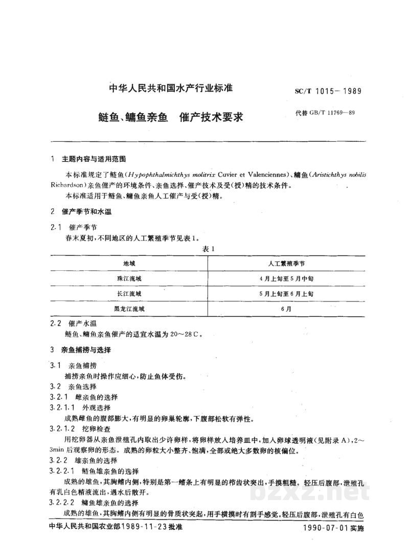 SC/T 1015-1989鲢鱼、鳙鱼亲鱼 催产技术要求
