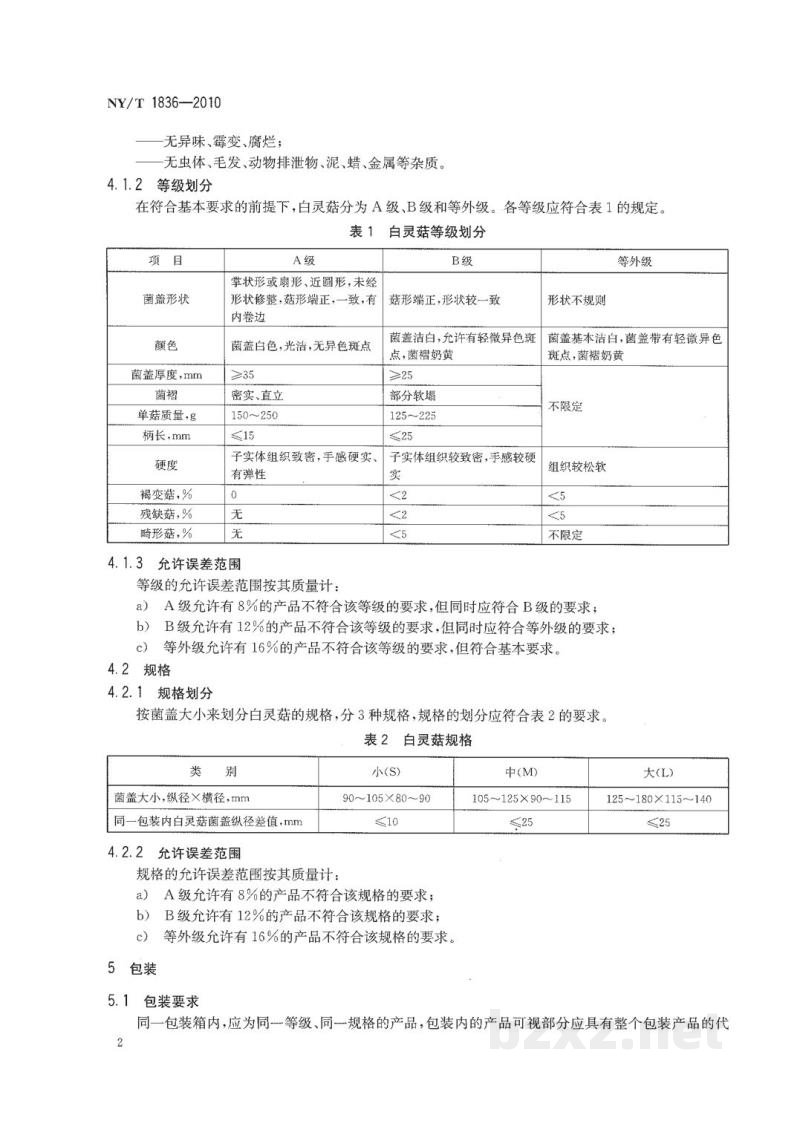 NY/T 1836-2010白灵菇等级规格 