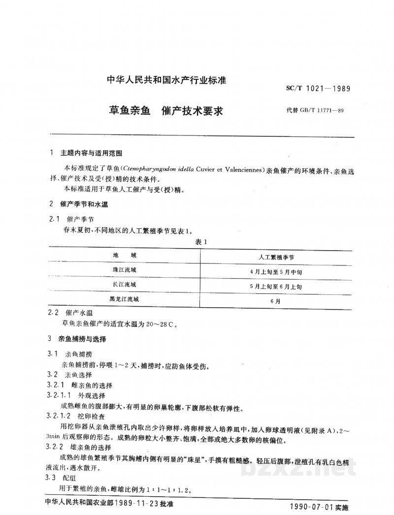 SC/T 1021-1989草鱼亲鱼催产技术要求 