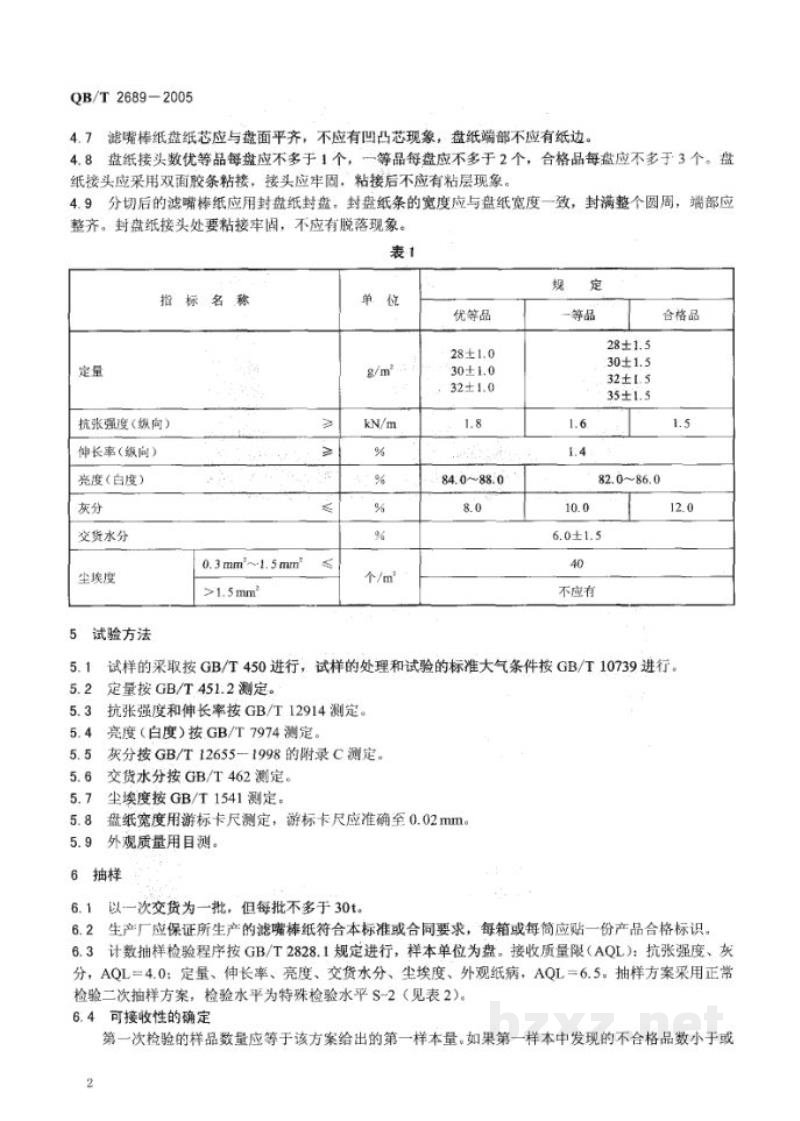 QB/T 2689-2005滤嘴棒纸 