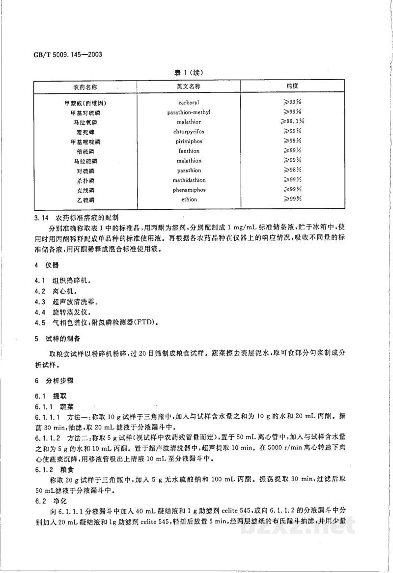 GB/T 5009.145-2003植物性食品中有机磷和氨基甲酸脂类农药多种残留的测定