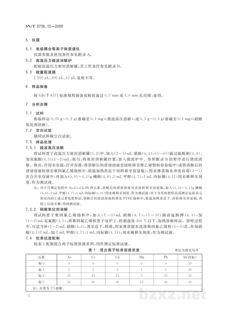 SN/T 0736.12-2009进出口化肥检验方法　电感耦合等离子体质谱法测定　有害元素砷、铬、镉、汞、铅