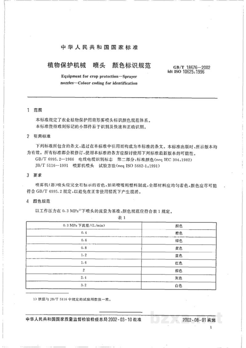 GB/T 18676-2002植物保护机械 喷头 颜色标识规范 