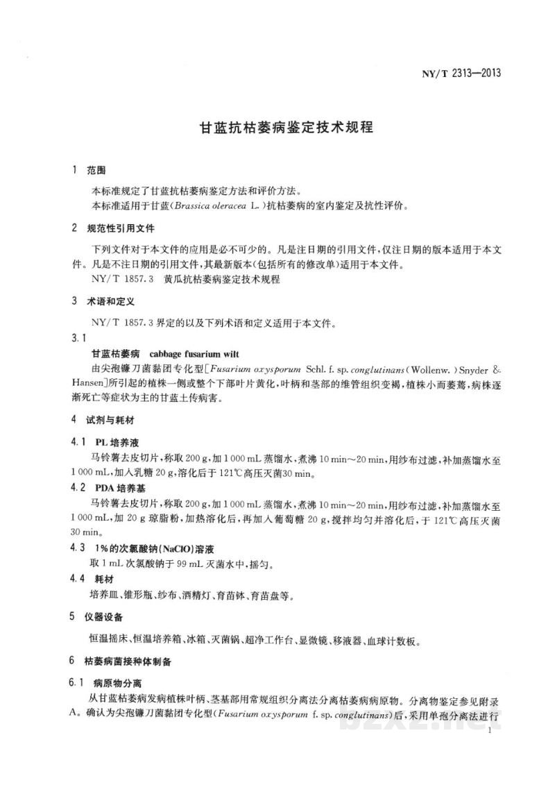 NY/T 2313-2013甘蓝抗枯萎病鉴定技术规程